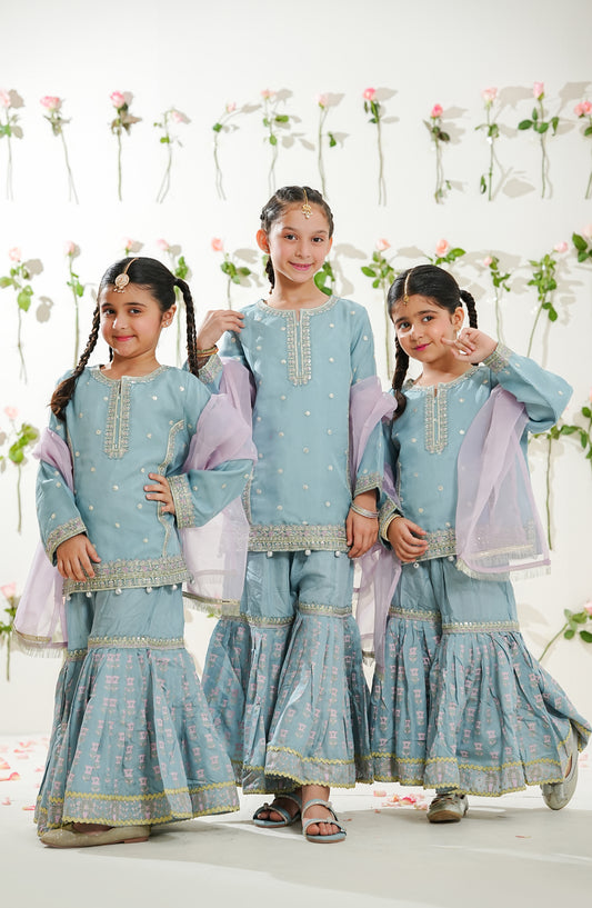 Sunehri by Amna Khadija Embroidered Organza Stitched 3 Piece Suit - SGLF-07 - AM26NHRI - Blue - Girls Festive Collection
