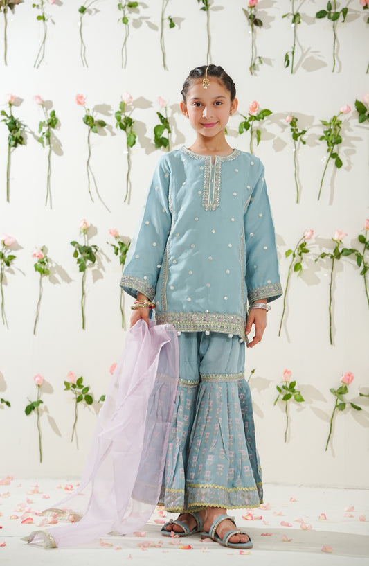 Sunehri by Amna Khadija Embroidered Organza Stitched 3 Piece Suit - SGLF-07 - AM26NHRI - Blue - Girls Festive Collection