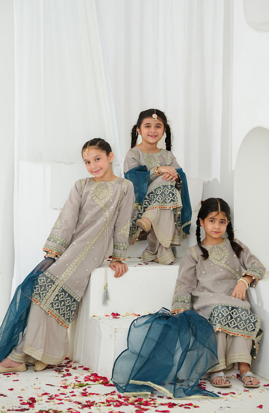 Sunehri by Amna Khadija Embroidered Organza Stitched 3 Piece Suit - SGLF-13 - AM26NHRI - Grey - Girls Festive Collection