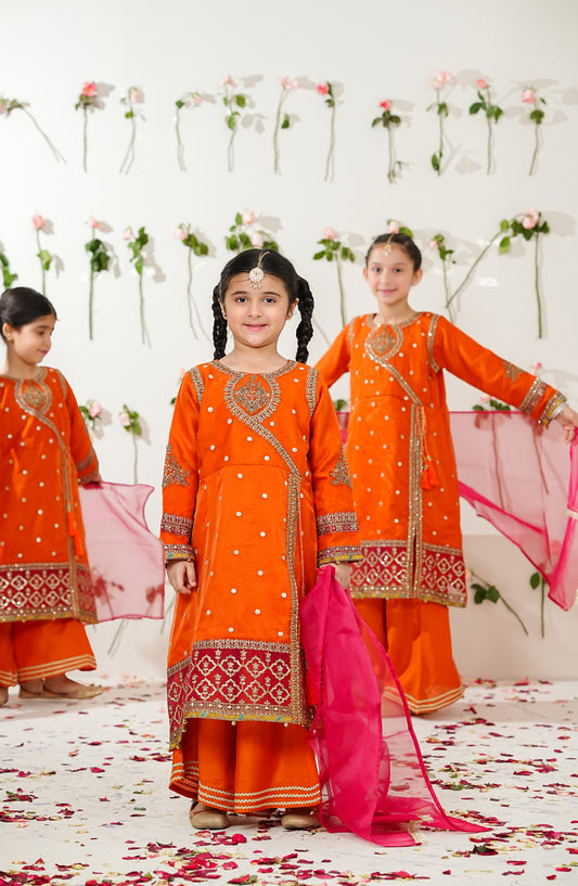 Sunehri by Amna Khadija Embroidered Organza Stitched 3 Piece Suit - SGLF-14 - AM26NHRI - Orange - Girls Festive Collection