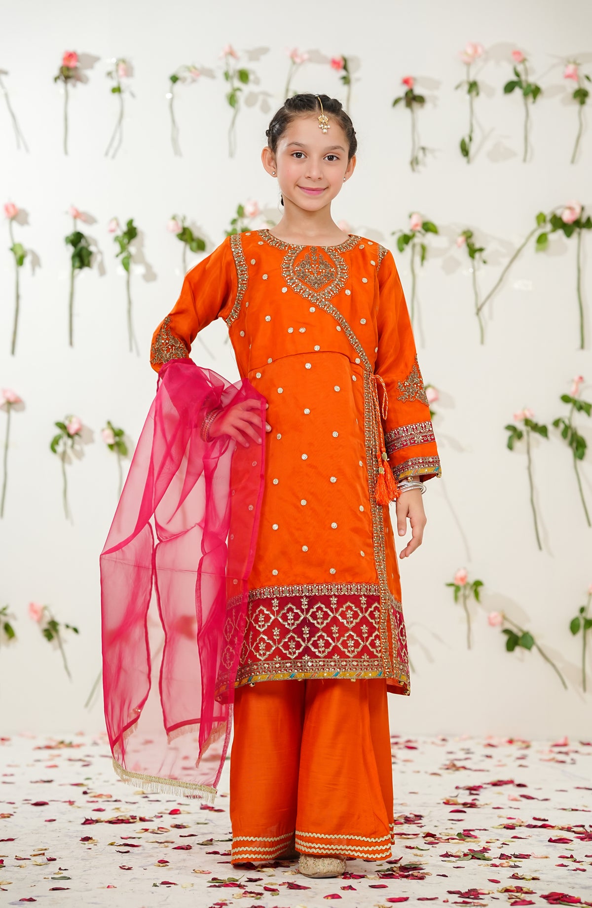 Sunehri by Amna Khadija Embroidered Organza Stitched 3 Piece Suit - SGLF-14 - AM26NHRI - Orange - Girls Festive Collection
