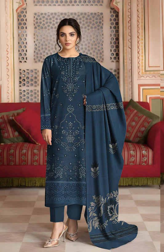 Surati Premium Embroidered Viscose Unstitched 3 Piece Suit - D-02 - SUR25VS - Blue - Winter Collection