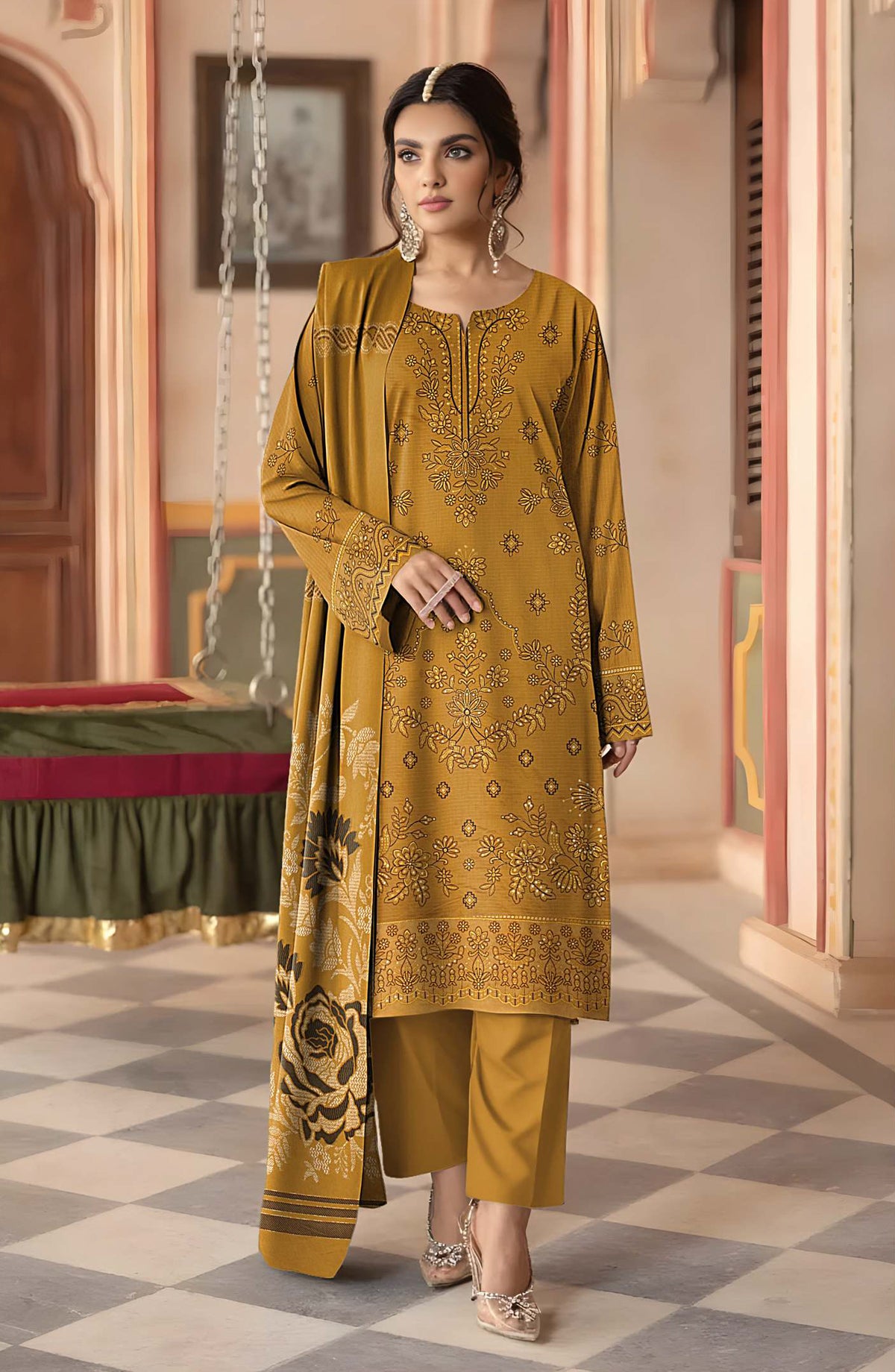 Surati Premium Embroidered Viscose Unstitched 3 Piece Suit - D-06 - SUR25VS - Mustard - Winter Collection