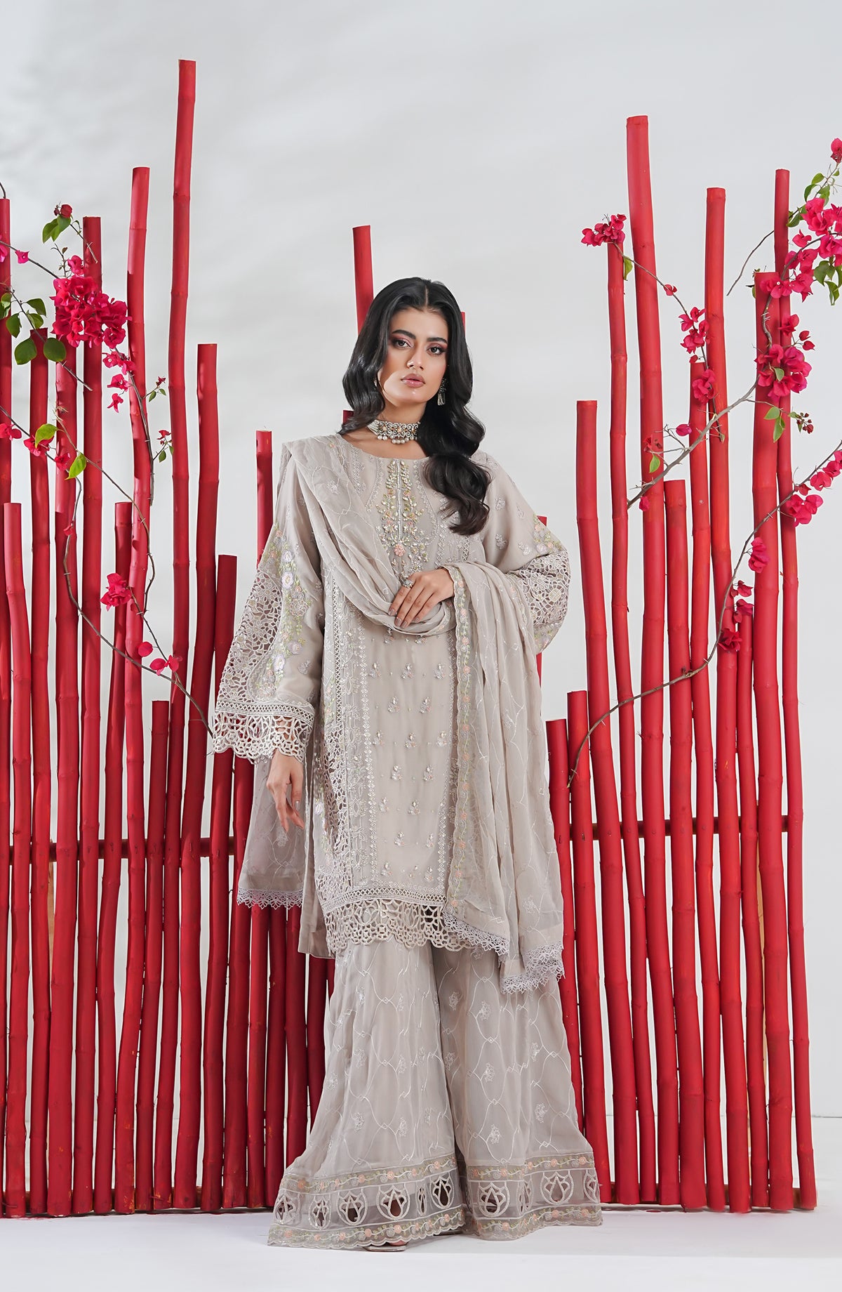 Surkh-Roo by Guzel Embroidered Luxury Chiffon Stitched 3 Piece Suit - Bahar - GUZ26SRK - Grey - Festive Collection