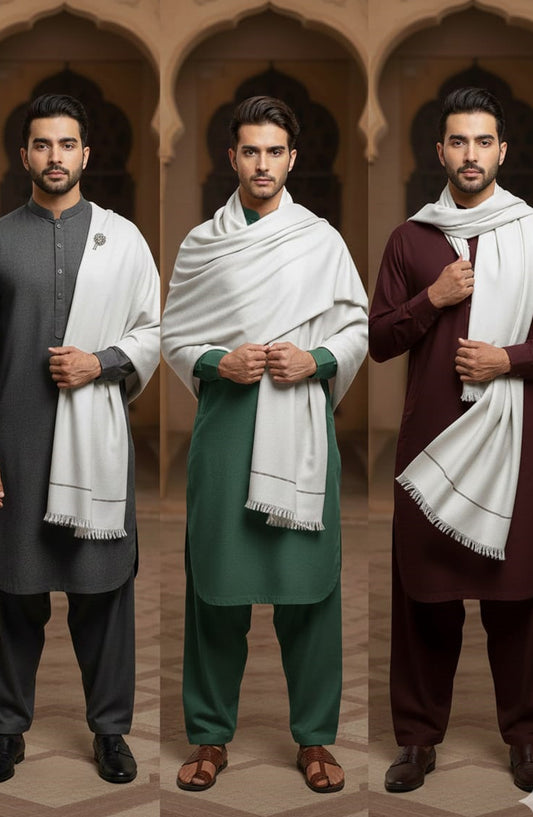 Synthetic Pashmina Wool Shawl for Men - SNT25SH White - Winter Collection