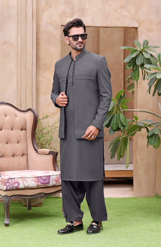 TGM The Royal Edit Premium Blended Material Stitched Three Piece with matching Suit - Granite Charm (3pc) - TGM26ROY - Malaysia Grey - Men Festive Collection
