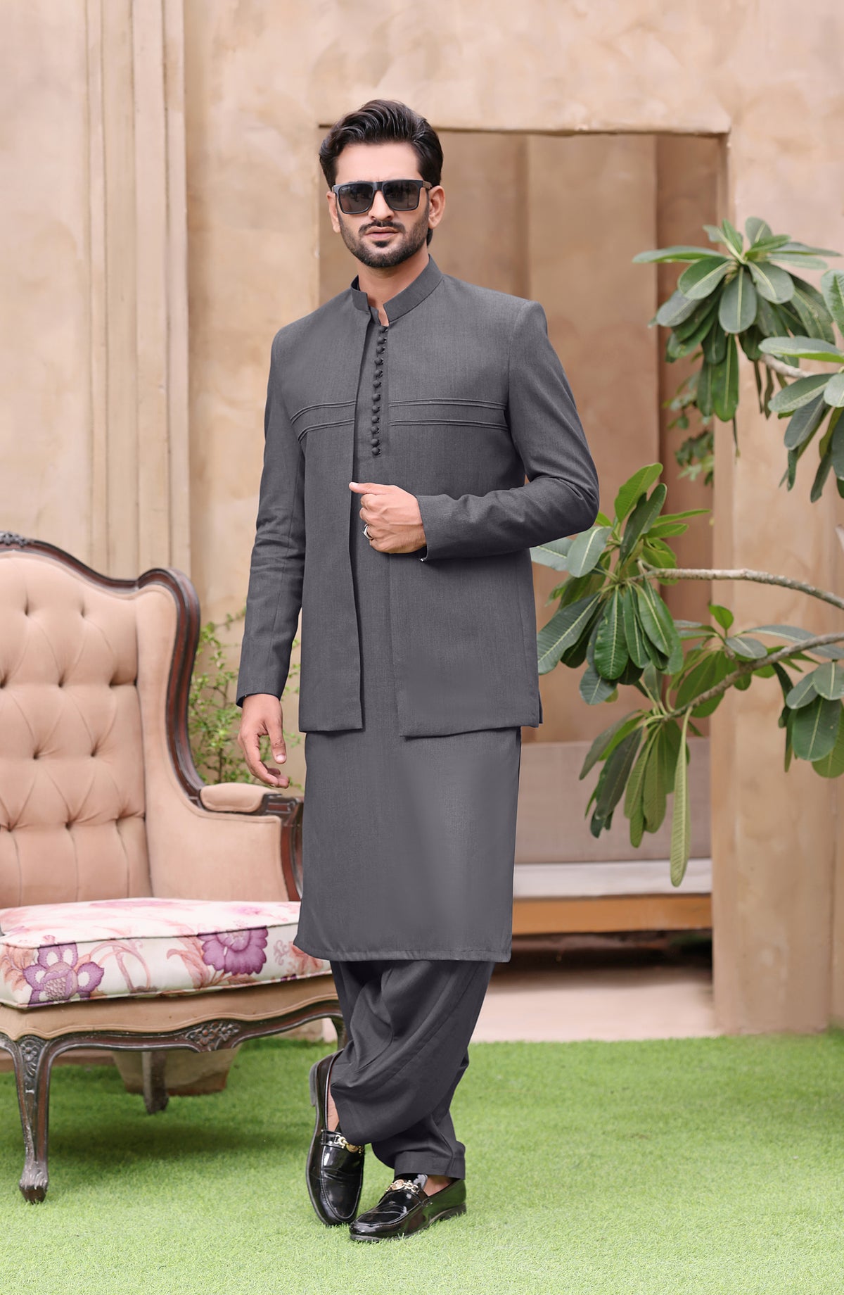 TGM The Royal Edit Premium Blended Material Stitched Three Piece with matching Suit - Granite Charm (3pc) - TGM26ROY - Malaysia Grey - Men Festive Collection