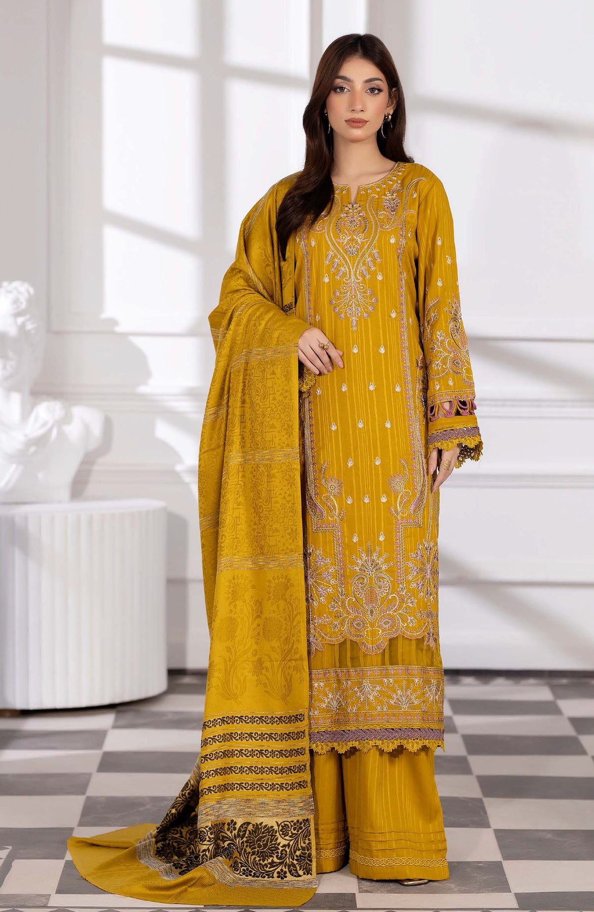 Tanim by Johra Embroidered Winter Fabric Unstitched 3 Piece Suit - JW-754 - JH25TANIM - Mustard - Winter Collection