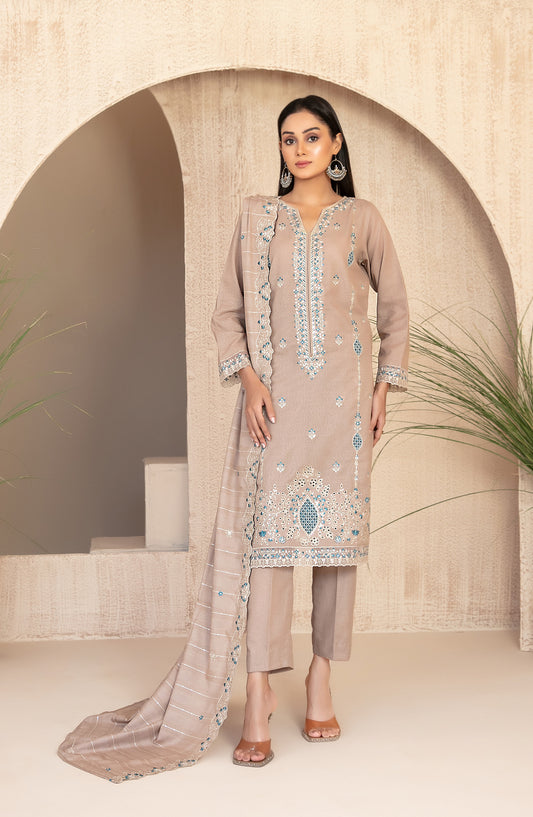 Tareef by Tawakkal Fabrics Embroidered Karandi Unstitched 3 Piece Suit - D-4472 - TF25TRF - Beige - Winter Collection