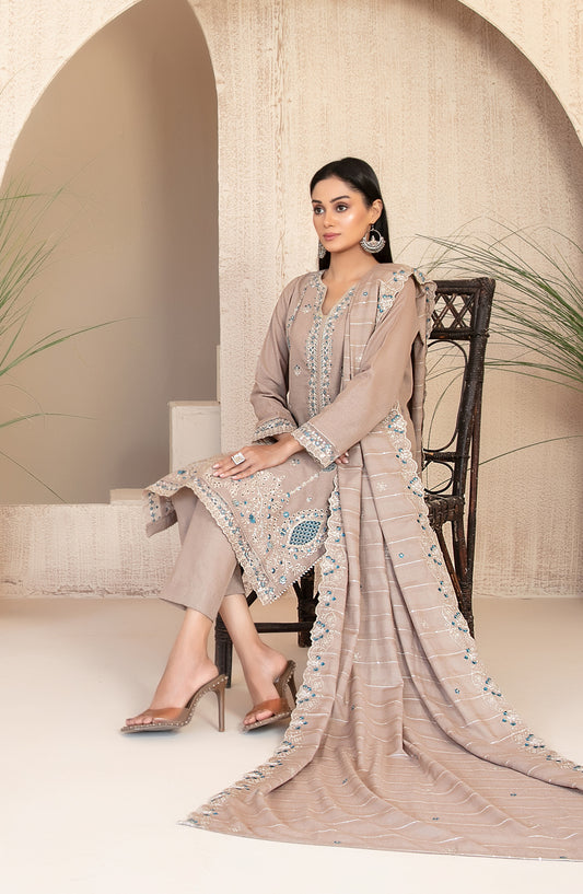 Tareef by Tawakkal Fabrics Embroidered Karandi Unstitched 3 Piece Suit - D-4472 - TF25TRF - Beige - Winter Collection