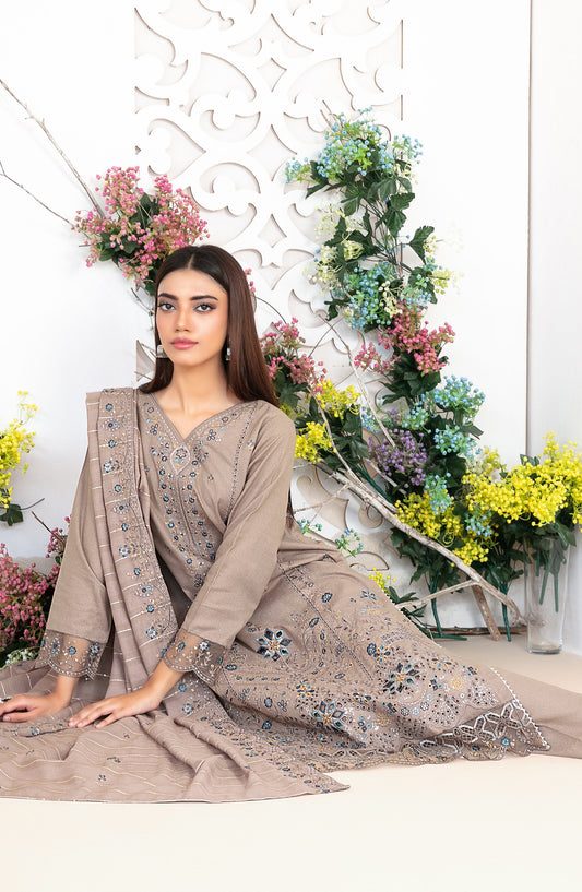 Tareef by Tawakkal Fabrics Embroidered Karandi Unstitched 3 Piece Suit - D-4373 - TF25TRF - Beige - Winter Collection