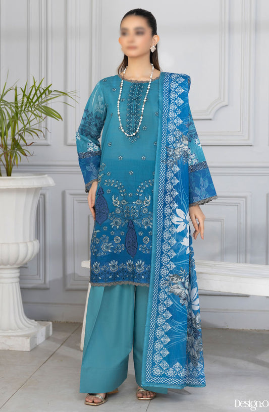 Tassawar Embroidered Lawn Unstitched 3 Piece Suit - Design-08 - AK25TSW2 - Blue - Summer Collection