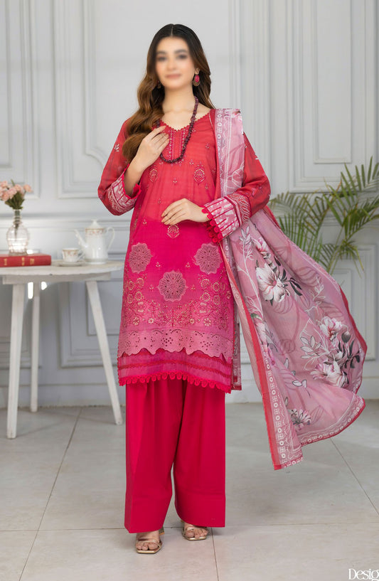 Tassawar Embroidered Lawn Unstitched 3 Piece Suit - Design-01 - AK25TSW2 - Red - Summer Collection
