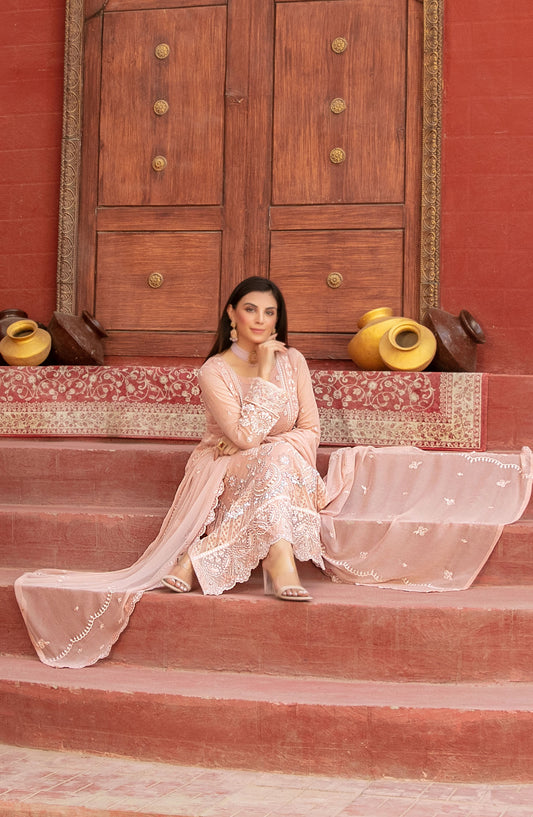 Eunoia by Tawakkal Fabric Embroidered Chiffon Unstitched 3 Piece Suit - 1912 - TF25EUN - Peach - Festive Collection