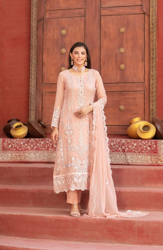 Eunoia by Tawakkal Fabric Embroidered Chiffon Unstitched 3 Piece Suit - 1912 - TF25EUN - Peach - Festive Collection