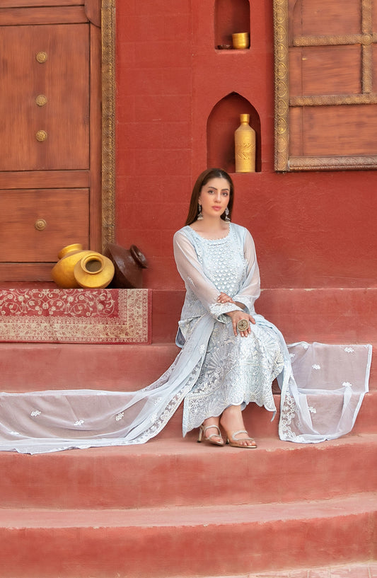 Eunoia by Tawakkal Fabric Embroidered Chiffon Unstitched 3 Piece Suit - 1910 - TF25EUN - Blue - Festive Collection