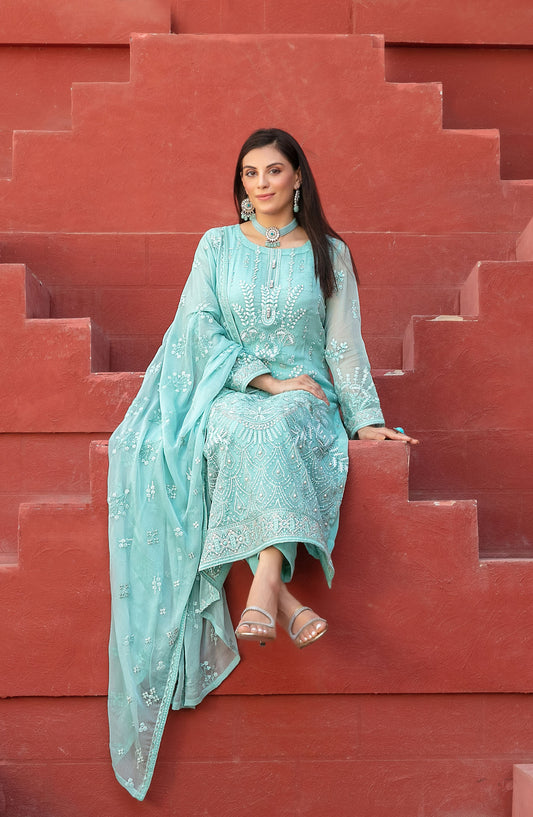 Eunoia by Tawakkal Fabric Embroidered Chiffon Unstitched 3 Piece Suit - 1911 - TF25EUN - Blue - Festive Collection