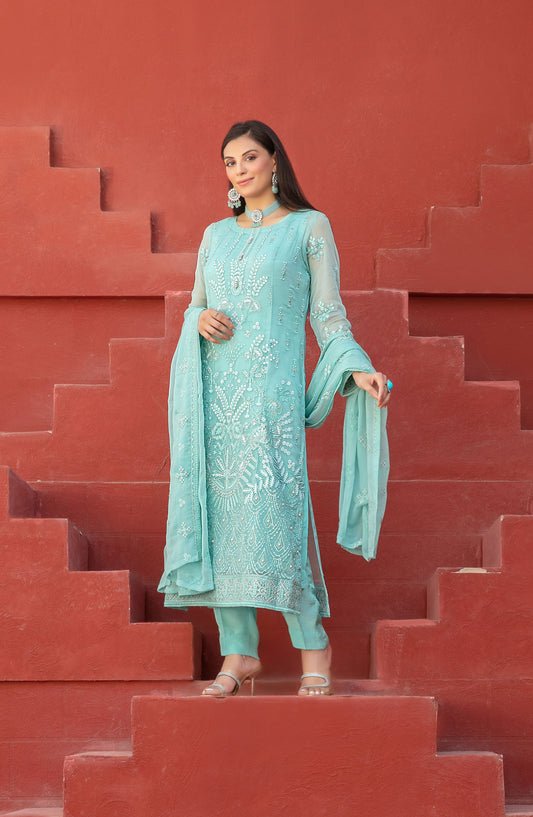 Eunoia by Tawakkal Fabric Embroidered Chiffon Unstitched 3 Piece Suit - 1911 - TF25EUN - Blue - Festive Collection