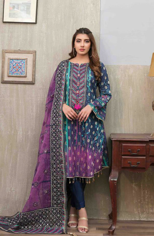 Tawakkal Fabric Quas-e-Quza Embroidered Lawn Unstitched 3 Piece Suit - D-6918 - TF25QQ - Blue - Festive Collection
