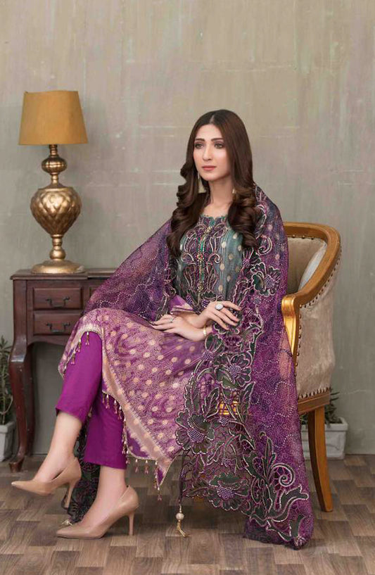 Tawakkal Fabric Quas-e-Quza Embroidered Lawn Unstitched 3 Piece Suit - D-6917 - TF25QQ - Purple - Festive Collection