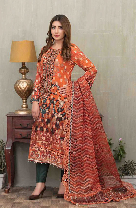Tawakkal Fabric Quas-e-Quza Embroidered Lawn Unstitched 3 Piece Suit - D-6912 - TF25QQ - Orange - Festive Collection