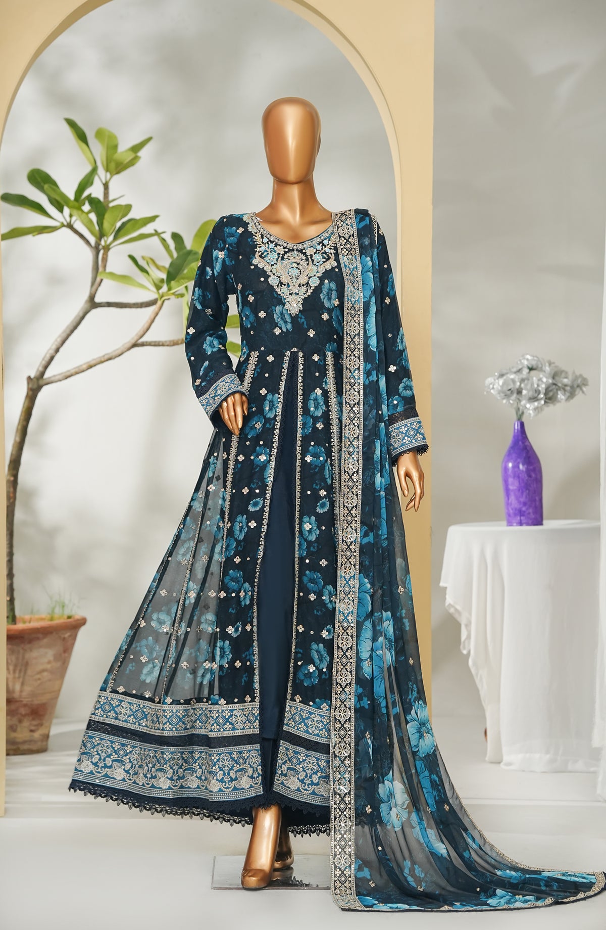 Tehzeeb by Maria Fabrics Embroidered Chiffon Stitched 3 Piece Suit - 01 Bali - MRF26THZ - Blue - Festive Collection