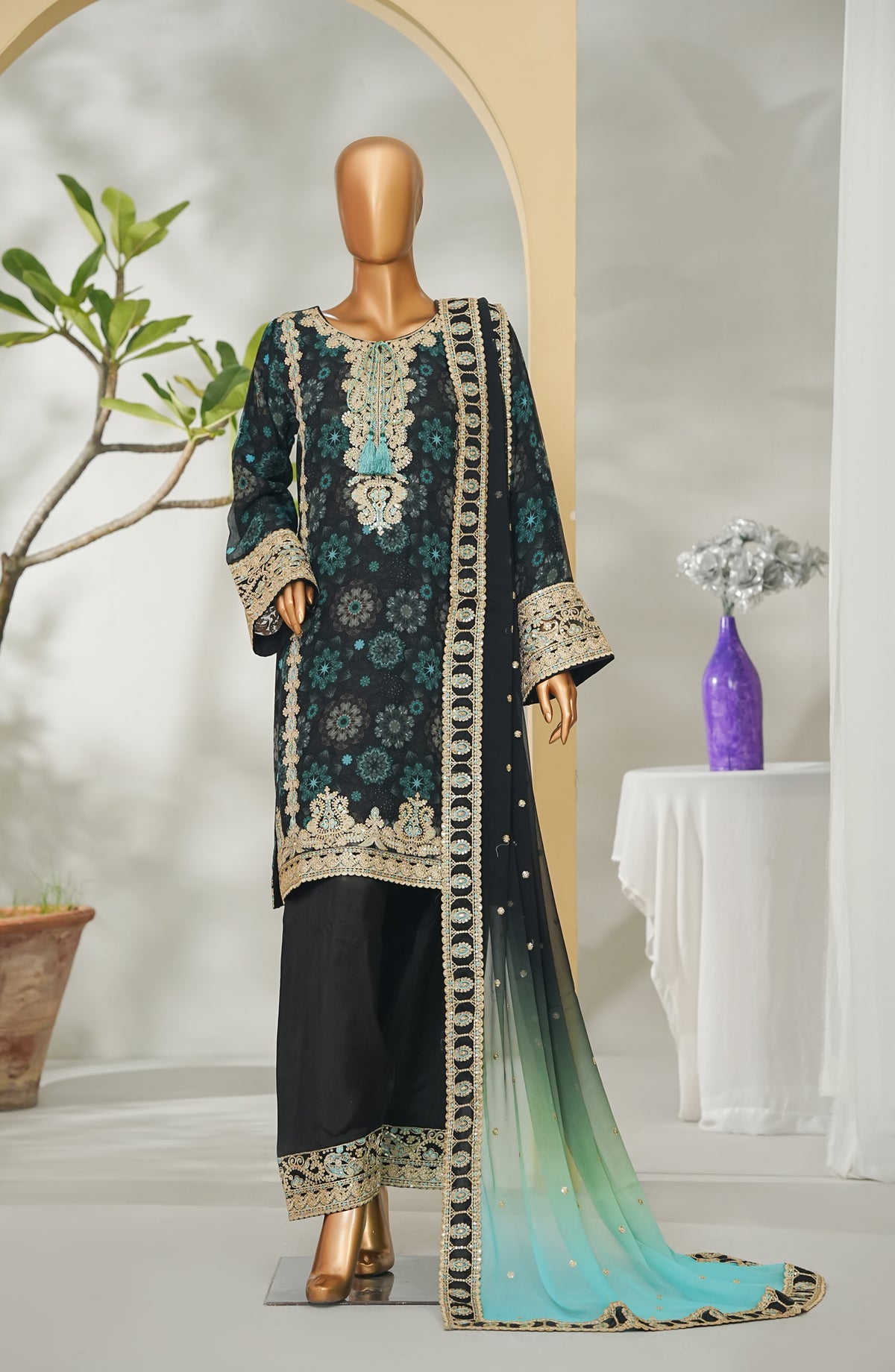 Tehzeeb by Maria Fabrics Embroidered Chiffon Stitched 3 Piece Suit - 05 Launa - MRF26THZ - Blue - Festive Collection