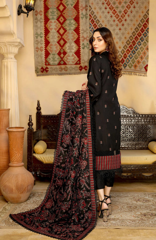 Threads N Weaves Embroidered Dhanak Unstitched 3 Piece Suit - D25102 - TNW25WD - Black - Winter Collection
