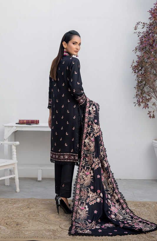 Threads N Weaves Embroidered Dhanak Unstitched 3 Piece Suit - D23108 - TNW25WD - Midnight Black - Winter Collection