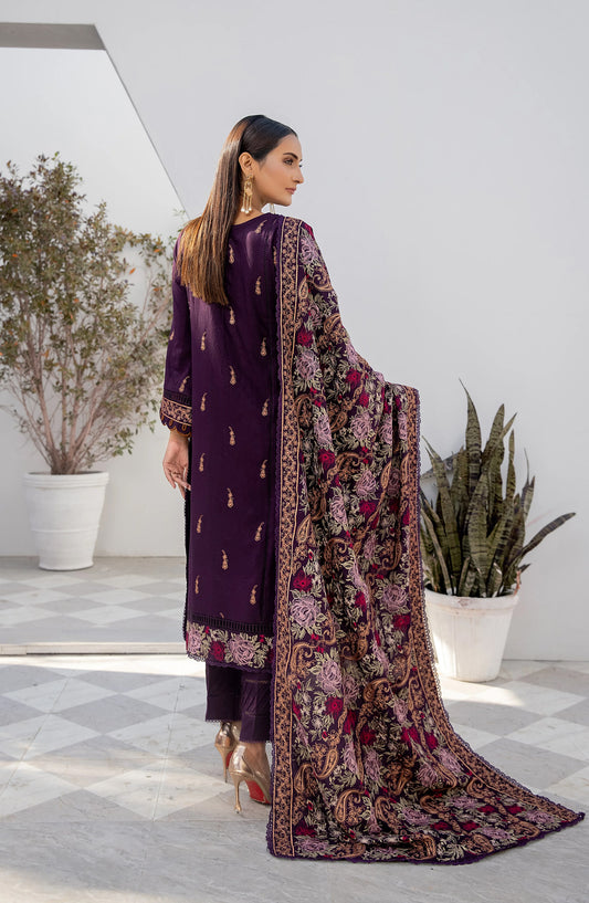 Threads N Weaves Embroidered Dhanak Unstitched 3 Piece Suit - D23102 - TNW25WD - Plum Purple - Winter Collection