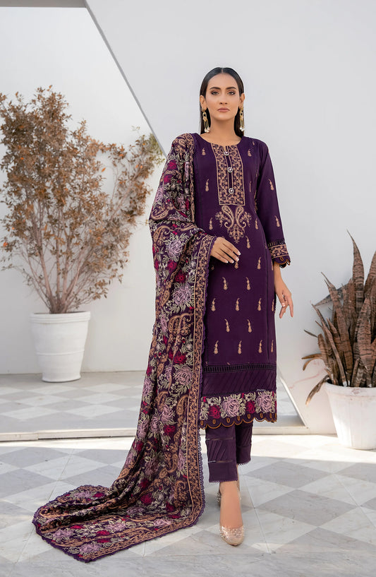 Threads N Weaves Embroidered Dhanak Unstitched 3 Piece Suit - D23102 - TNW25WD - Plum Purple - Winter Collection