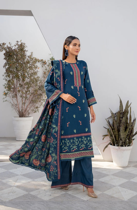 Threads N Weaves Embroidered Dhanak Unstitched 3 Piece Suit - D23101 - TNW25WD - Teal - Winter Collection