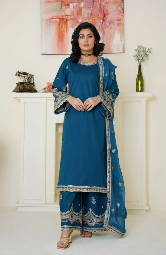 Threads & Weaves Elegant Teal Blue Embroidered Lawn 3-Piece Suit - Ready to Wear TNW25LN