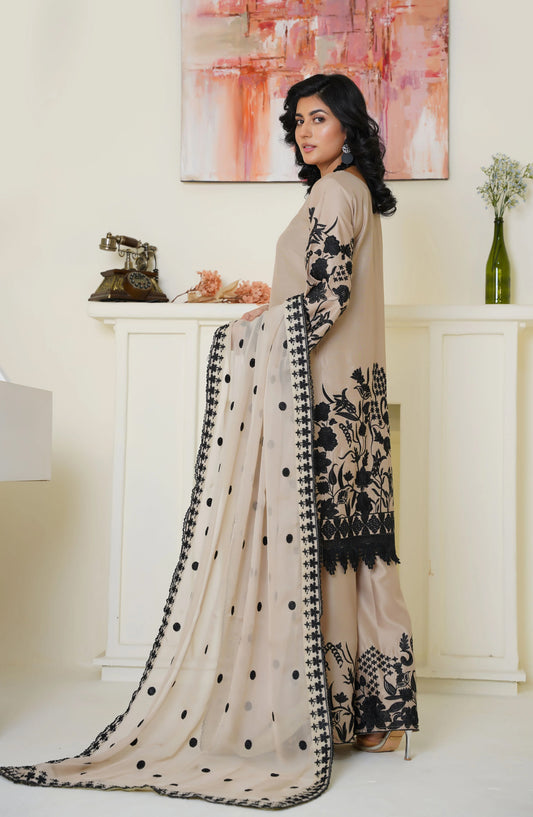 Threads & Weaves Chic Beige & Black Embroidered Viscose 3-Piece Suit - Ready to Wear TNW25VSC