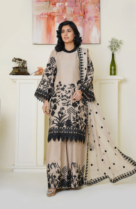 Threads & Weaves Chic Beige & Black Embroidered Viscose 3-Piece Suit - Ready to Wear TNW25VSC