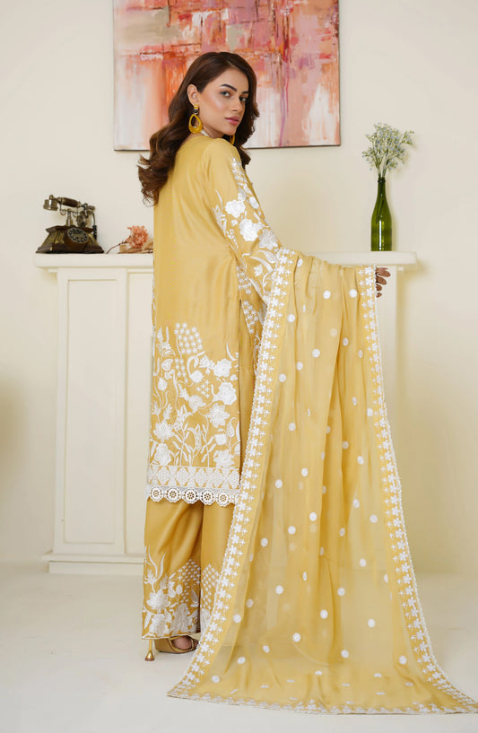 Threads & Weaves Sunshine Yellow Embroidered Viscose 3-Piece Suit Ready to Wear TNW25VSC