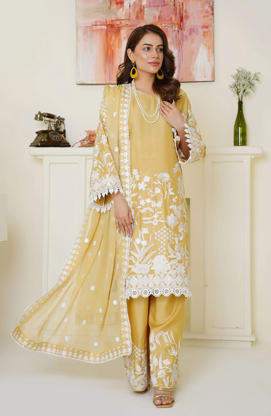 Threads & Weaves Sunshine Yellow Embroidered Viscose 3-Piece Suit Ready to Wear TNW25VSC