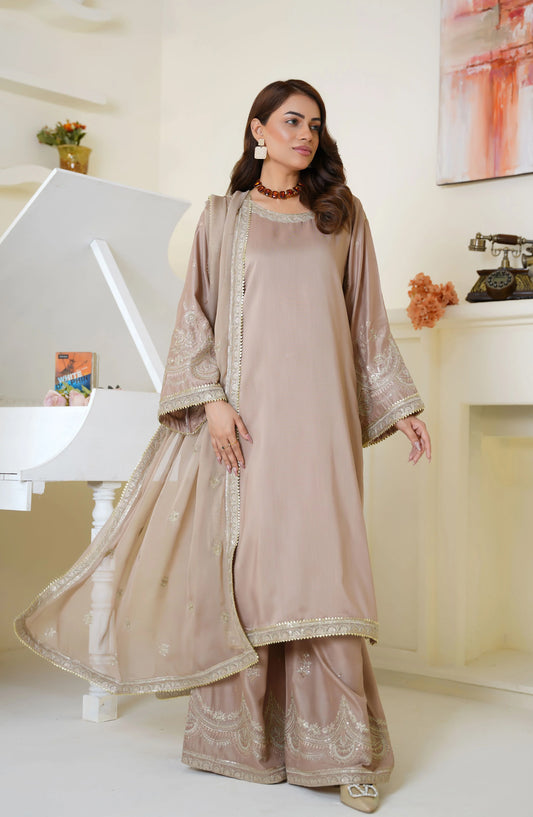 Threads & Weaves Champagne Beige Embroidered Viscose 3-Piece Suit Ready to Wear TNW25VSC