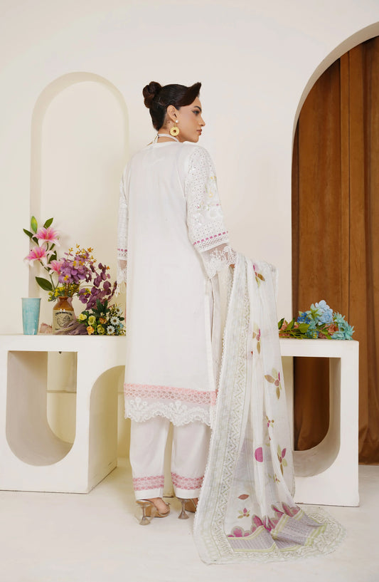 Threads & Weaves White Embroidered 3-Piece Ready-to-Wear Lawn Suit with Floral Dupatta TNW25LN