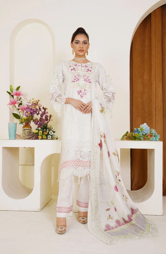 Threads & Weaves White Embroidered 3-Piece Ready-to-Wear Lawn Suit with Floral Dupatta TNW25LN