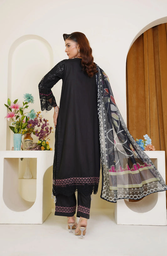 Threads & Weaves Black Embroidered 3-Piece Ready-to-Wear Viscose Suit TNW25VSC