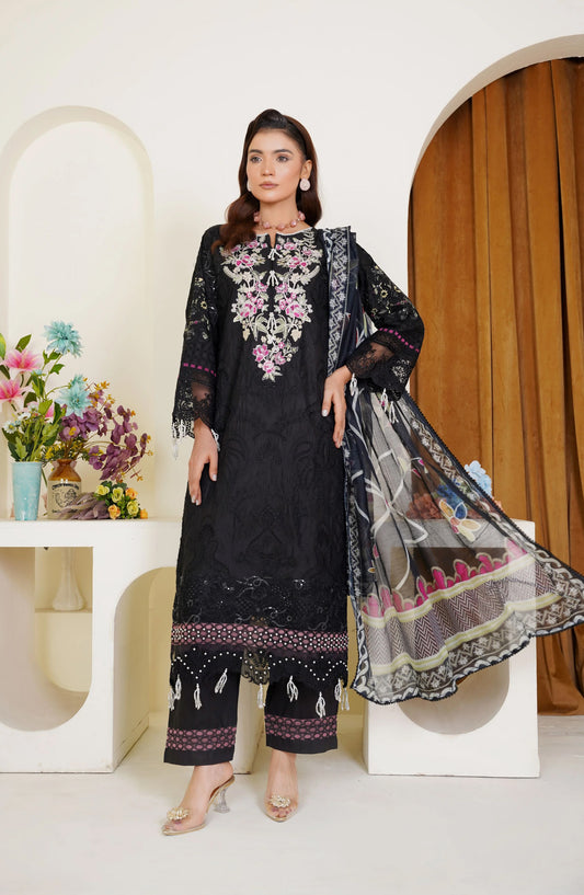 Threads & Weaves Black Embroidered 3-Piece Ready-to-Wear Viscose Suit TNW25VSC
