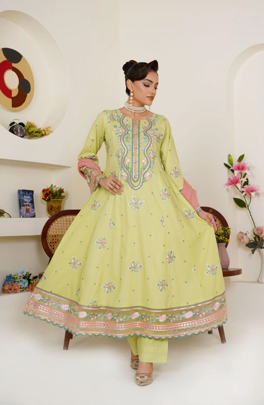 Threads & Weaves Embroidered Lime Green 3-Piece Ready-to-Wear Lawn Suit with Peach Dupatta TNW25LN