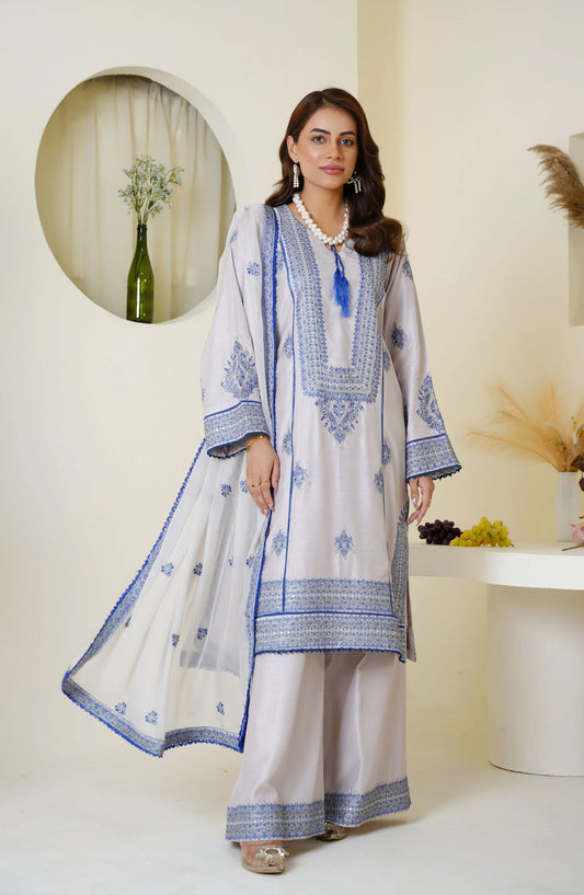 Threads & Weaves Icy Lavender & Blue Embroidered Viscose 3-Piece Suit Ready to Wear TNW25VSC