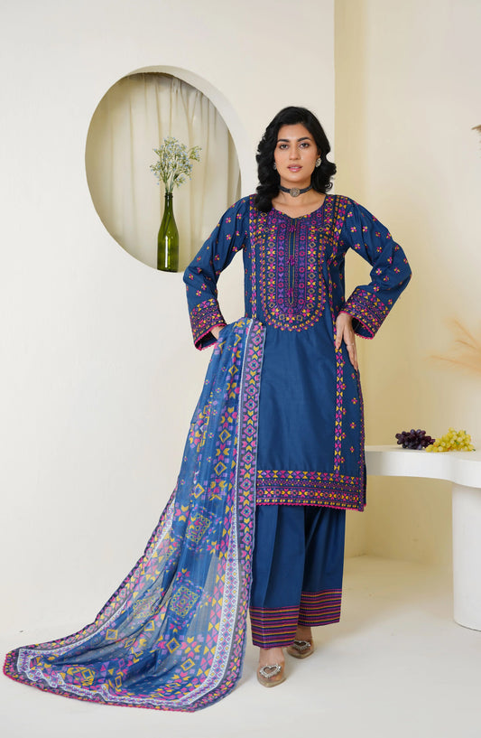 Threads & Weaves Royal Blue Embroidered Lawn 3-Piece Suit Ready to Wear TNW25LN