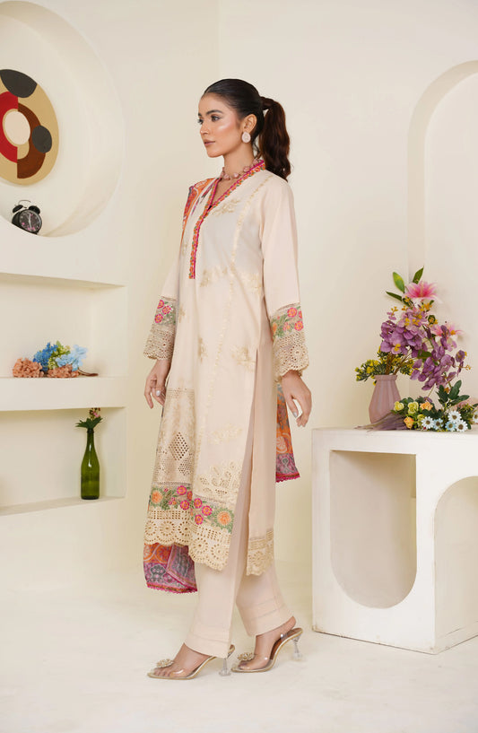 Threads & Weaves Ivory Cream Embroidered Lawn 3-Piece Pret Suit with Multicolor Dupatta TNW25LN