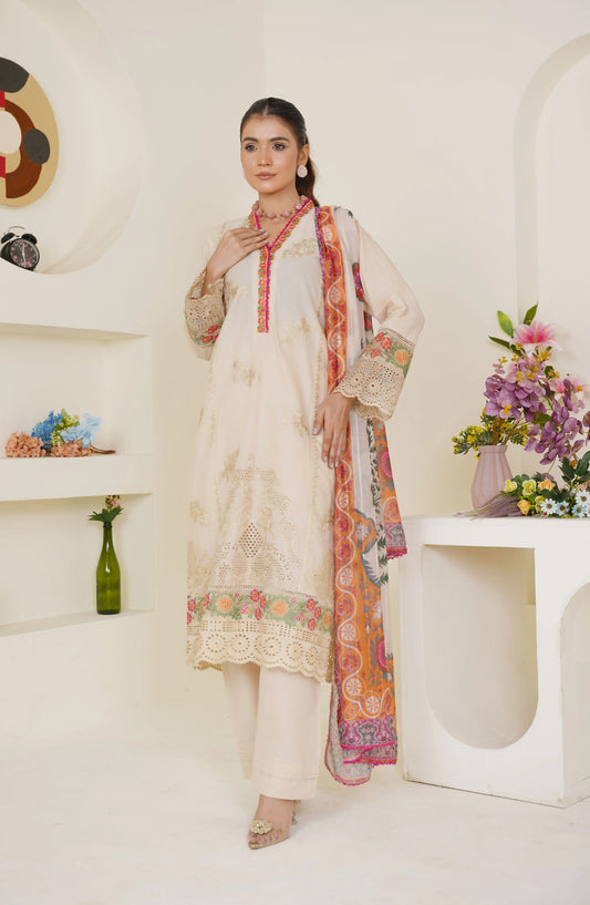 Threads & Weaves Ivory Cream Embroidered Lawn 3-Piece Pret Suit with Multicolor Dupatta TNW25LN