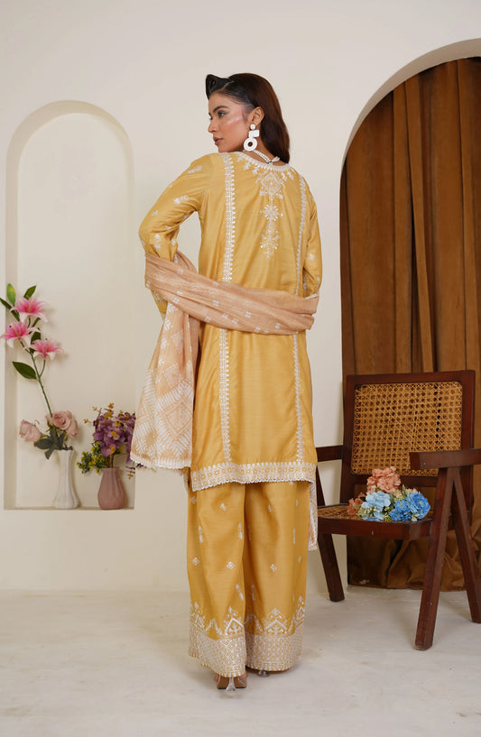 Threads & Weaves Golden Mustard Embroidered Viscose 3-Piece Pret Suit TNW25VSC