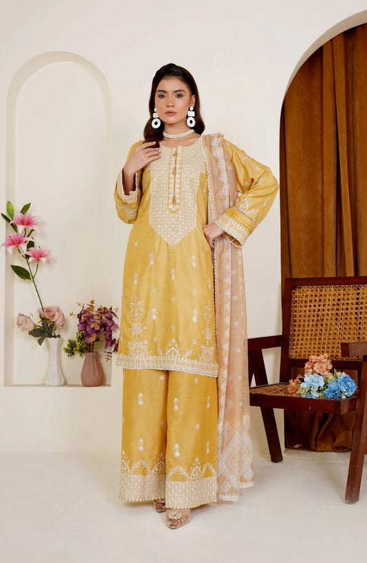 Threads & Weaves Golden Mustard Embroidered Viscose 3-Piece Pret Suit TNW25VSC