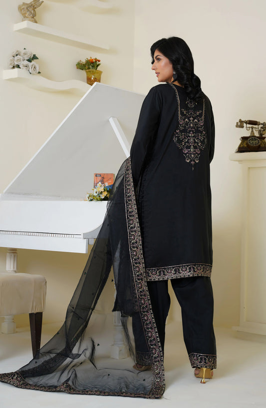 Threads & Weaves Classic Black Embroidered Viscose 3-Piece Suit Ready to Wear TNW25VSC